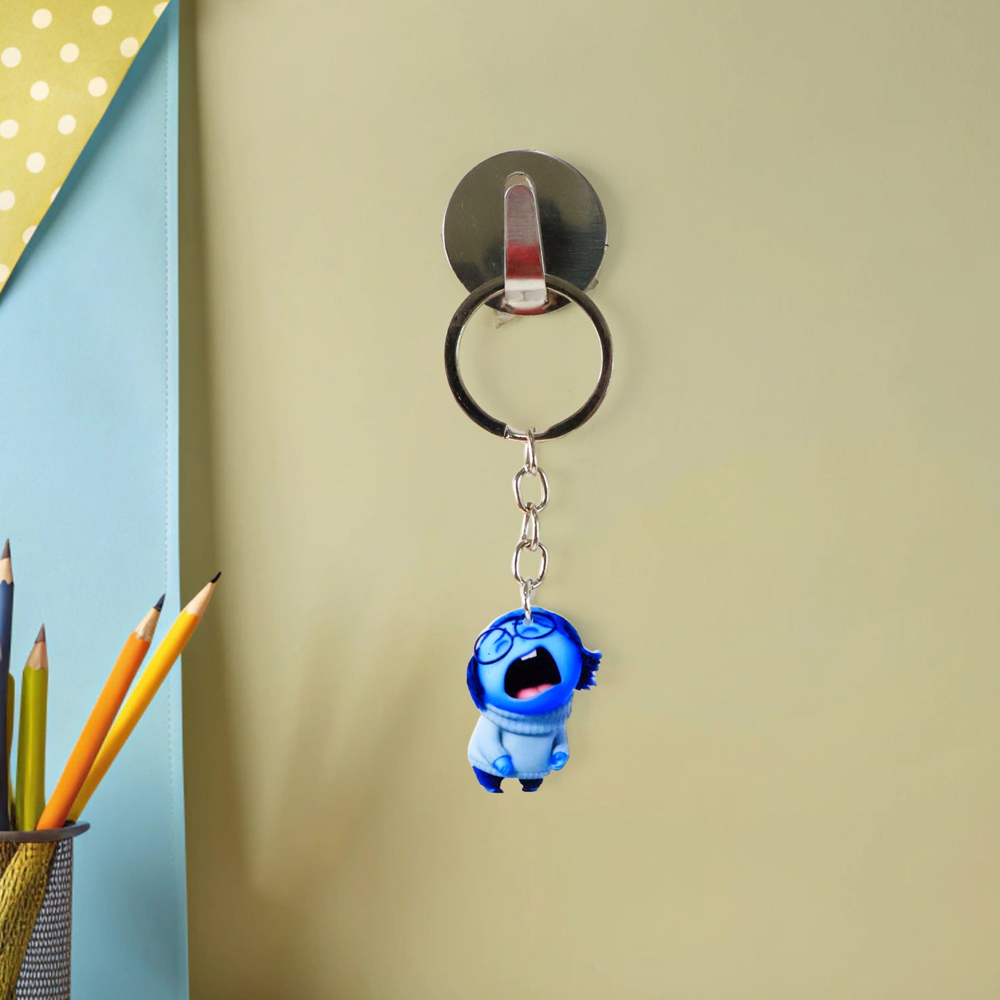 Wukusy cute cartoon girl keychain for kids' bags and stationery, featuring colorful character design and playful decor.