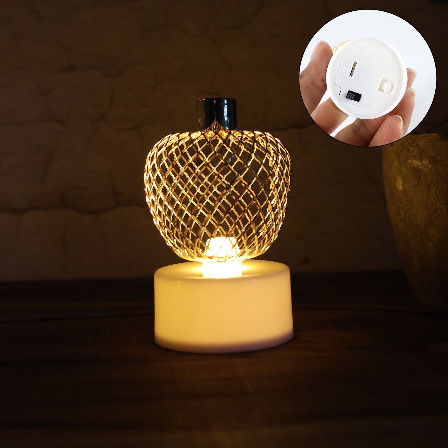 Set of four decorative apple-shaped LED tealight candles by Wukusy for home decor, featuring warm, flickering light and charming design.