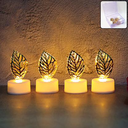 Set of four Wukusy decorative golden leaf-shaped flameless LED candles for home decor, with warm, flickering light.