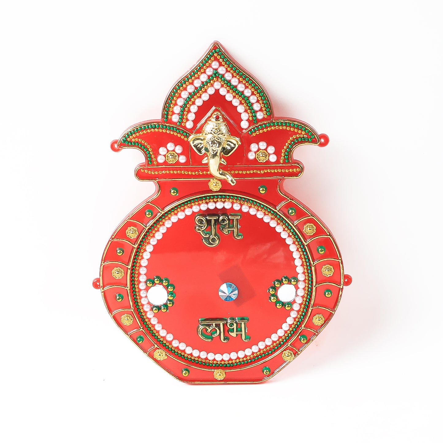 Decorative Kalash wall hanging with Shubh Labh design, crafted by Wukusy for elegant home decor, featuring traditional Indian motifs.