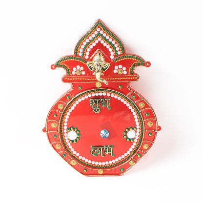 Decorative Kalash wall hanging with Shubh Labh design, crafted by Wukusy for elegant home decor, featuring traditional Indian motifs.