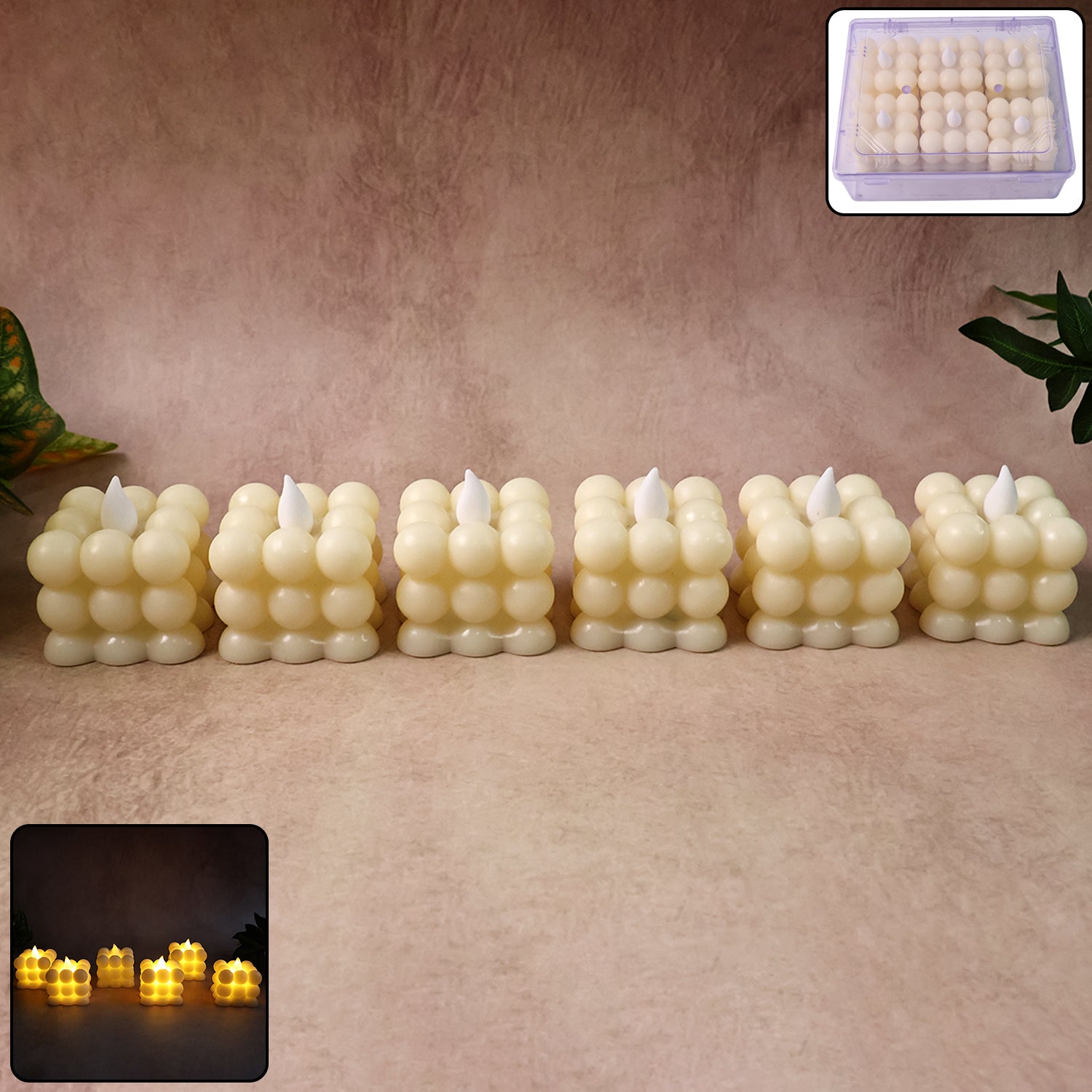 Set of six Wukusy decorative LED bubble candles for home decor, featuring glowing, textured candles with bubble designs.
