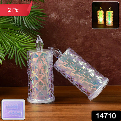 Wukusy decorative LED candle lights with holographic finish, 2-piece home decor set featuring glowing, textured candles.