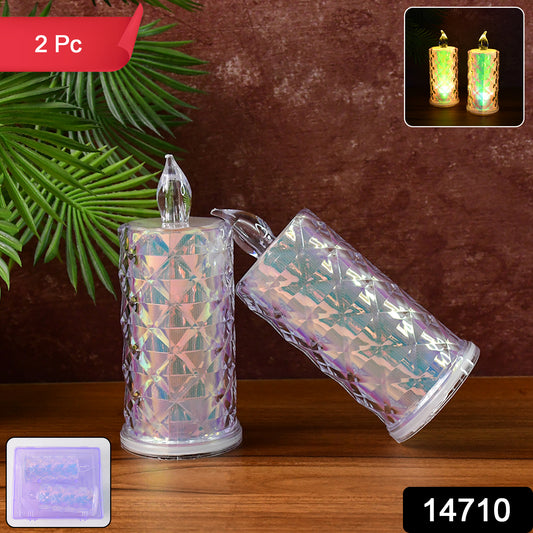 Wukusy decorative LED candle lights with holographic finish, 2-piece home decor set featuring glowing, textured candles.