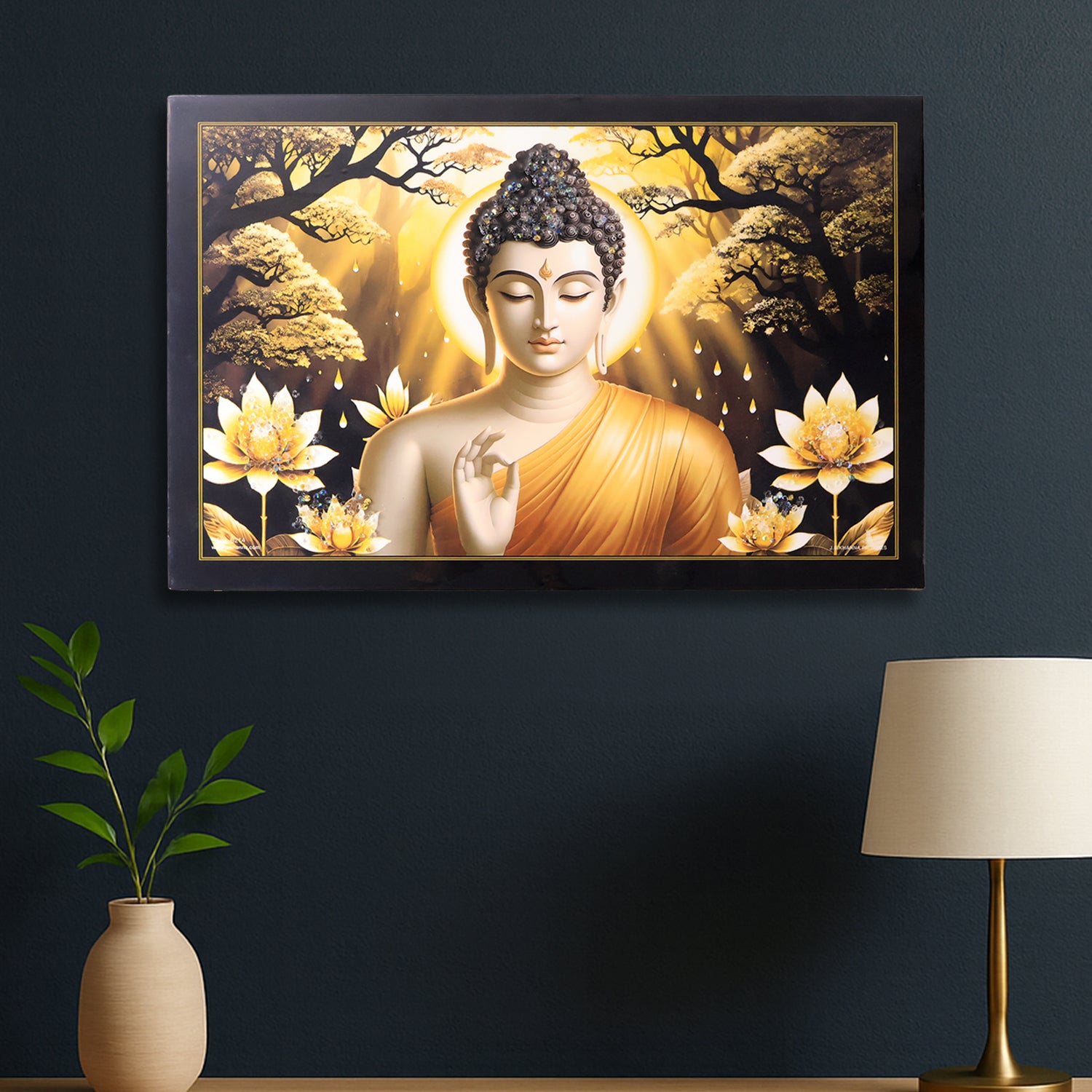 Decorative Lord Buddha wall painting with wooden frame, mix design, 45x30 cm, ideal for home decor by Wukusy.