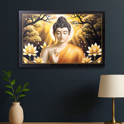 Decorative Lord Buddha wall painting with wooden frame, mix design, 45x30 cm, ideal for home decor by Wukusy.