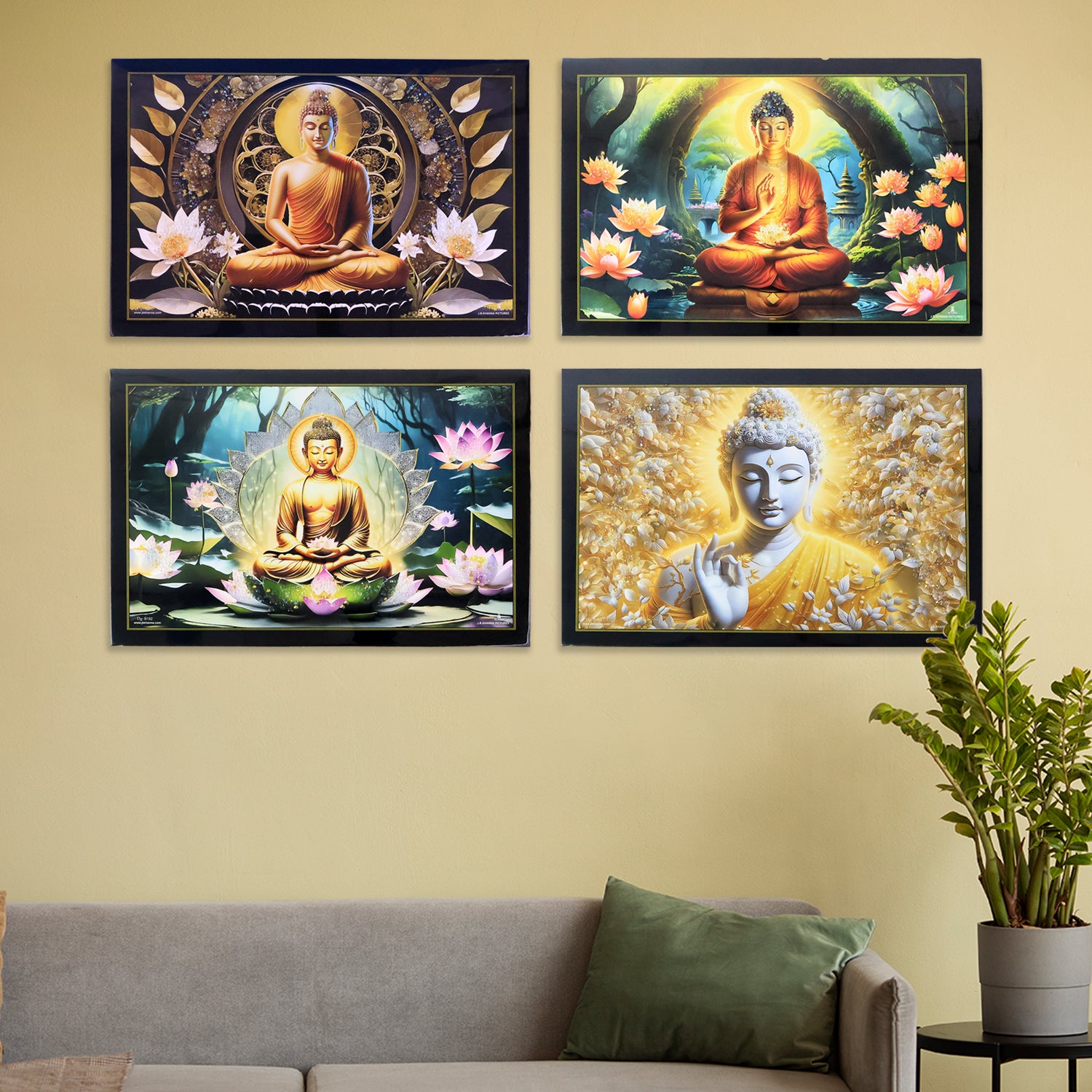 Decorative Lord Buddha wall painting with wooden frame, mix design, 45x30 cm, ideal for home decor by Wukusy.