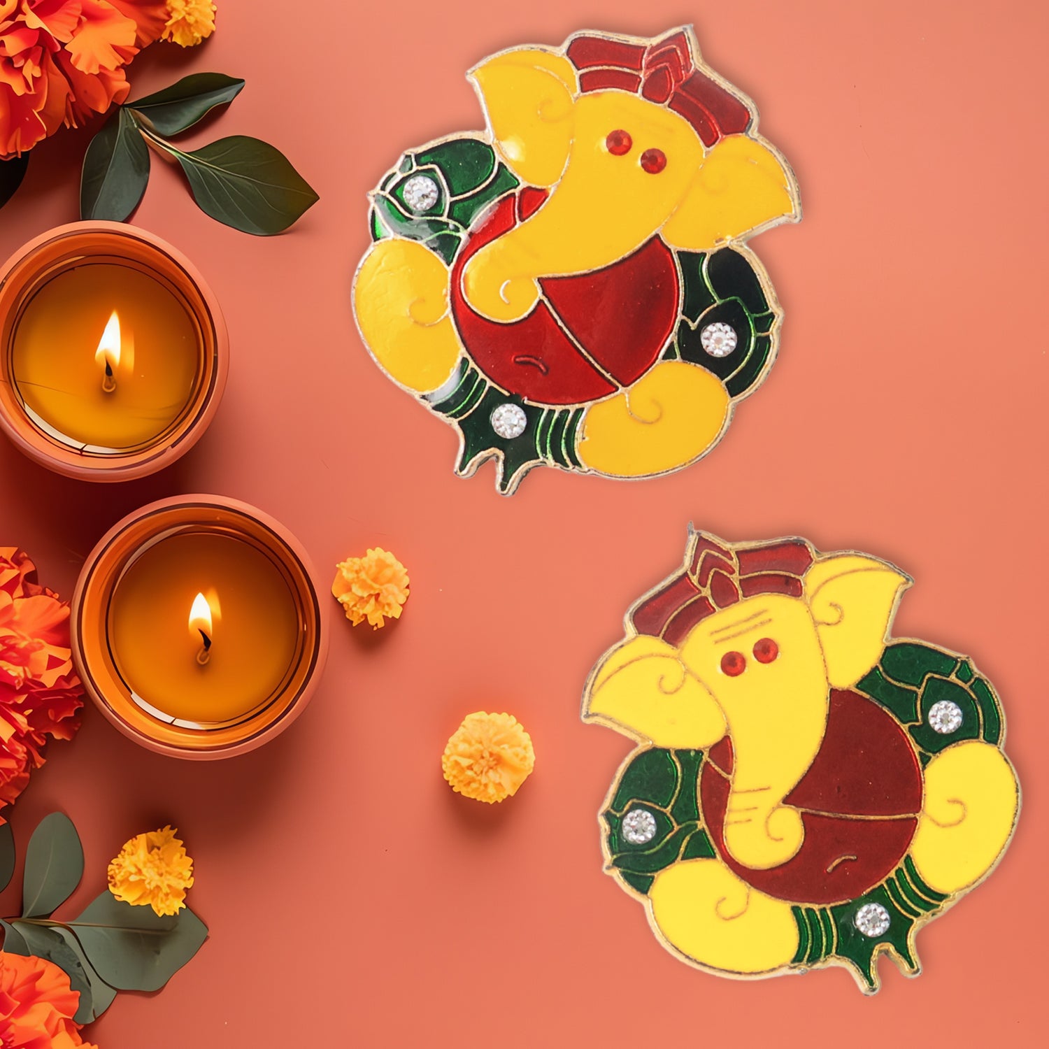 Decorative Lord Ganesha wall hanging stickers, 2-piece home decor set by Wukusy, featuring vibrant Ganesha design for wall decoration.