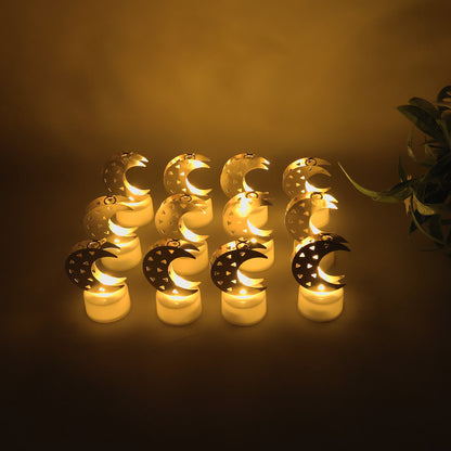 Set of 12 Wukusy decorative moon-shaped flameless LED candles for home decor, featuring warm, flickering light.