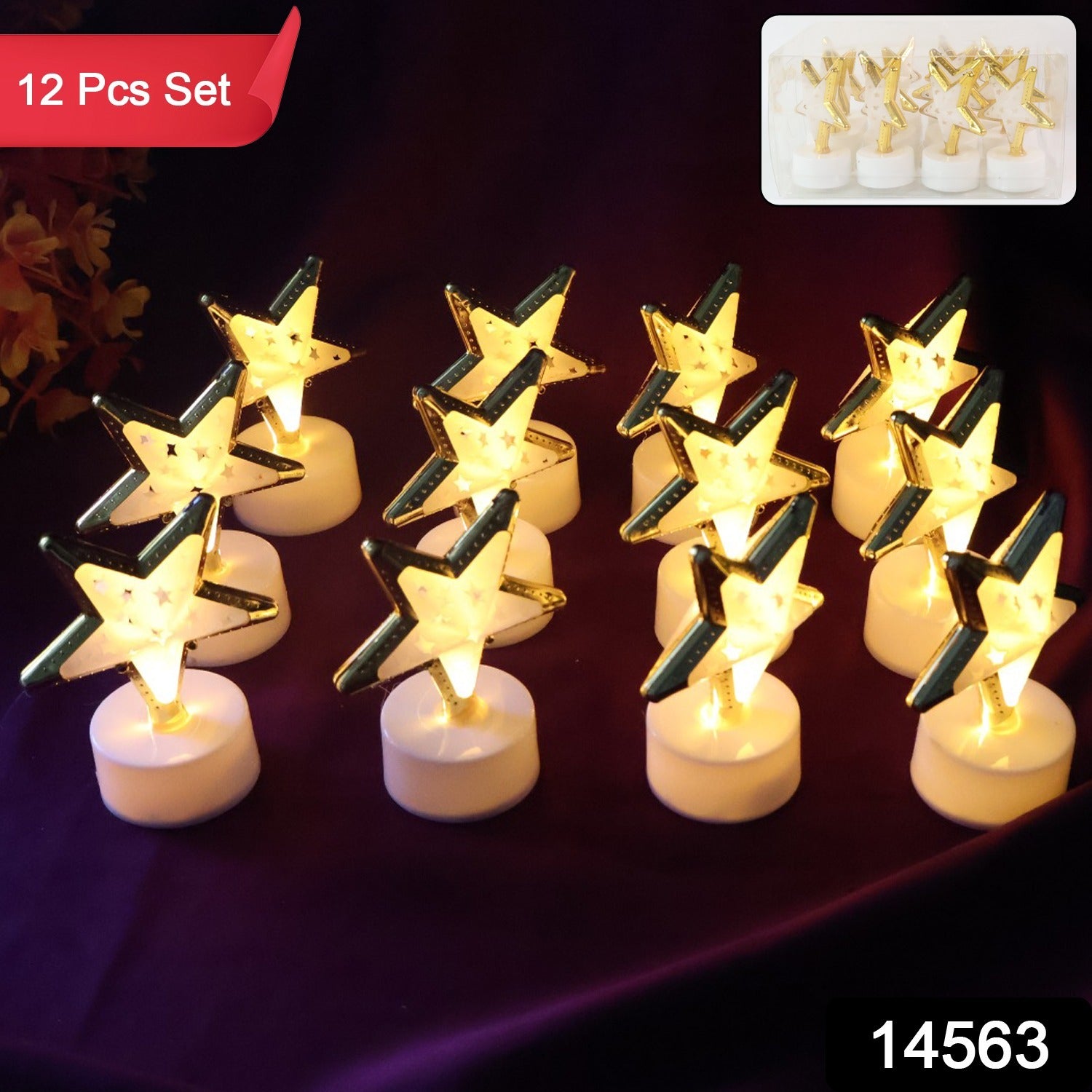 Set of 12 Wukusy star-shaped flameless LED candles for home decor, with warm glow and decorative star design.