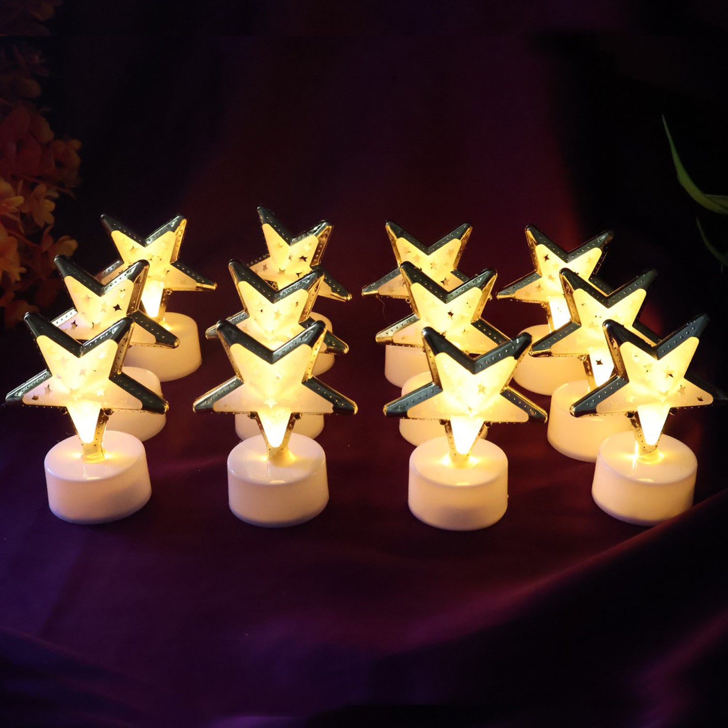 Set of 12 Wukusy star-shaped flameless LED candles for home decor, ideal for creating a cozy, decorative ambiance.