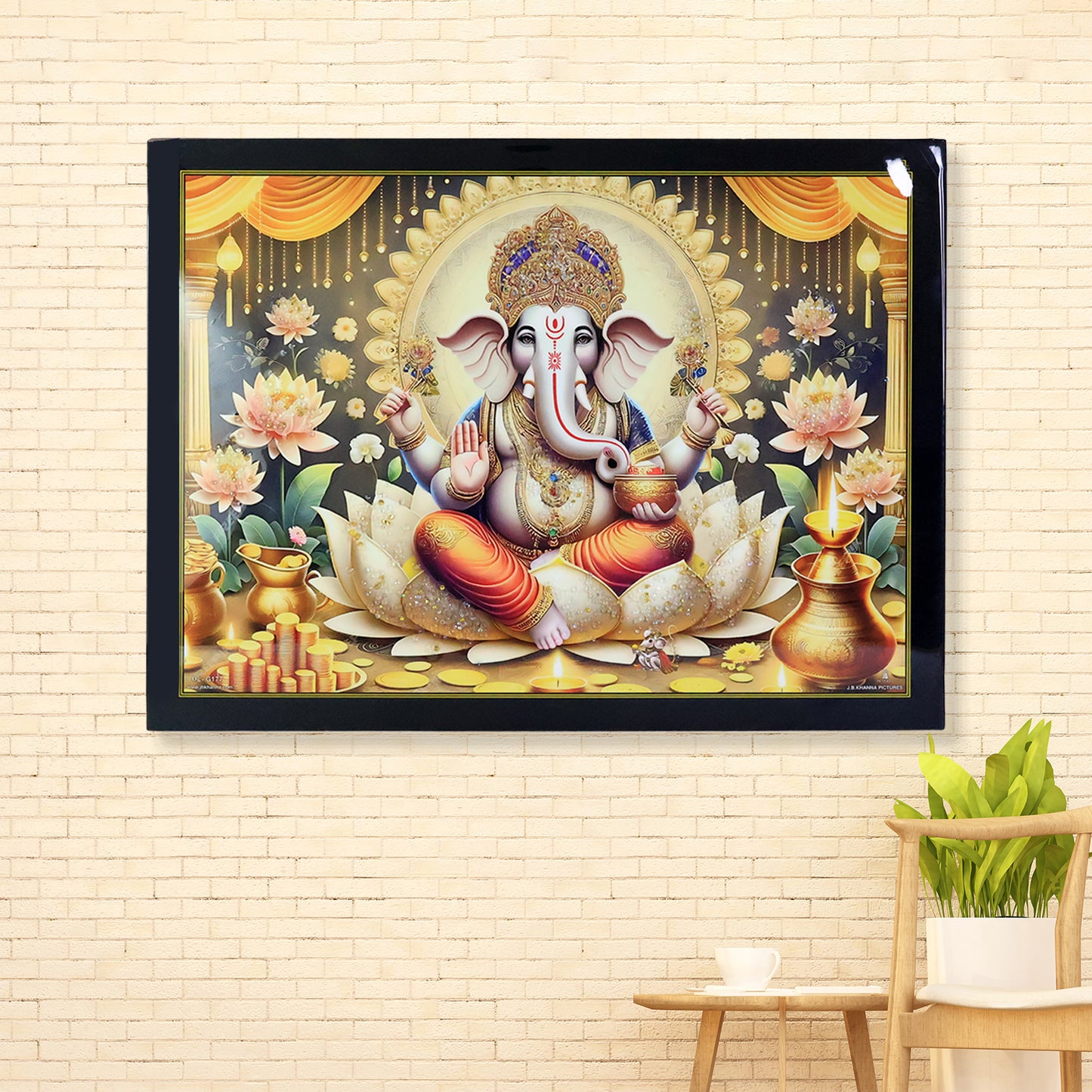 Divine Lord Ganesha wall painting with wooden frame, mix design, 60x45 cm, home decor by Wukusy, featuring vibrant colors and intricate details.