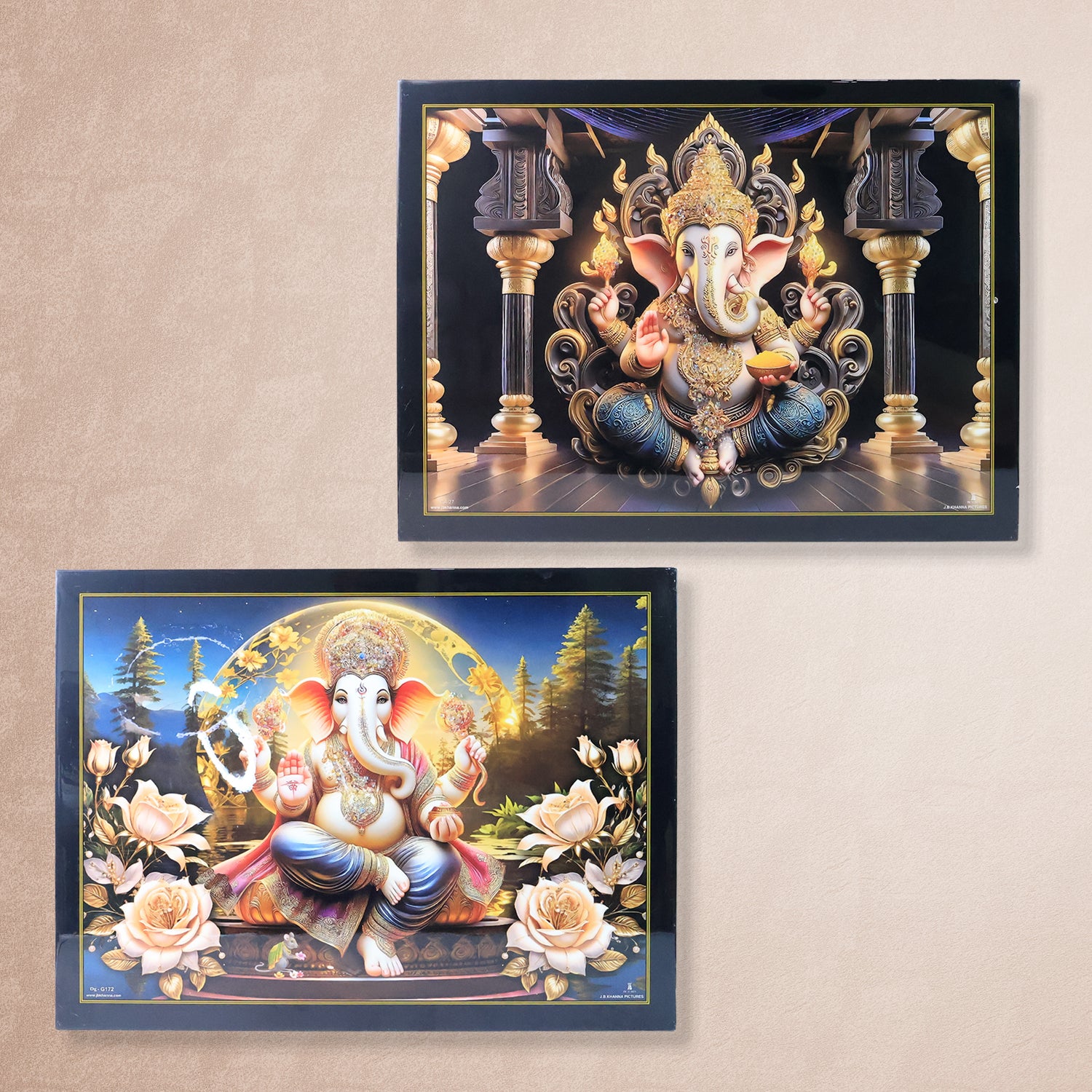 Divine Lord Ganesha wall painting with wooden frame, home decor artwork, 60x45 cm, by Wukusy, featuring intricate mix design.