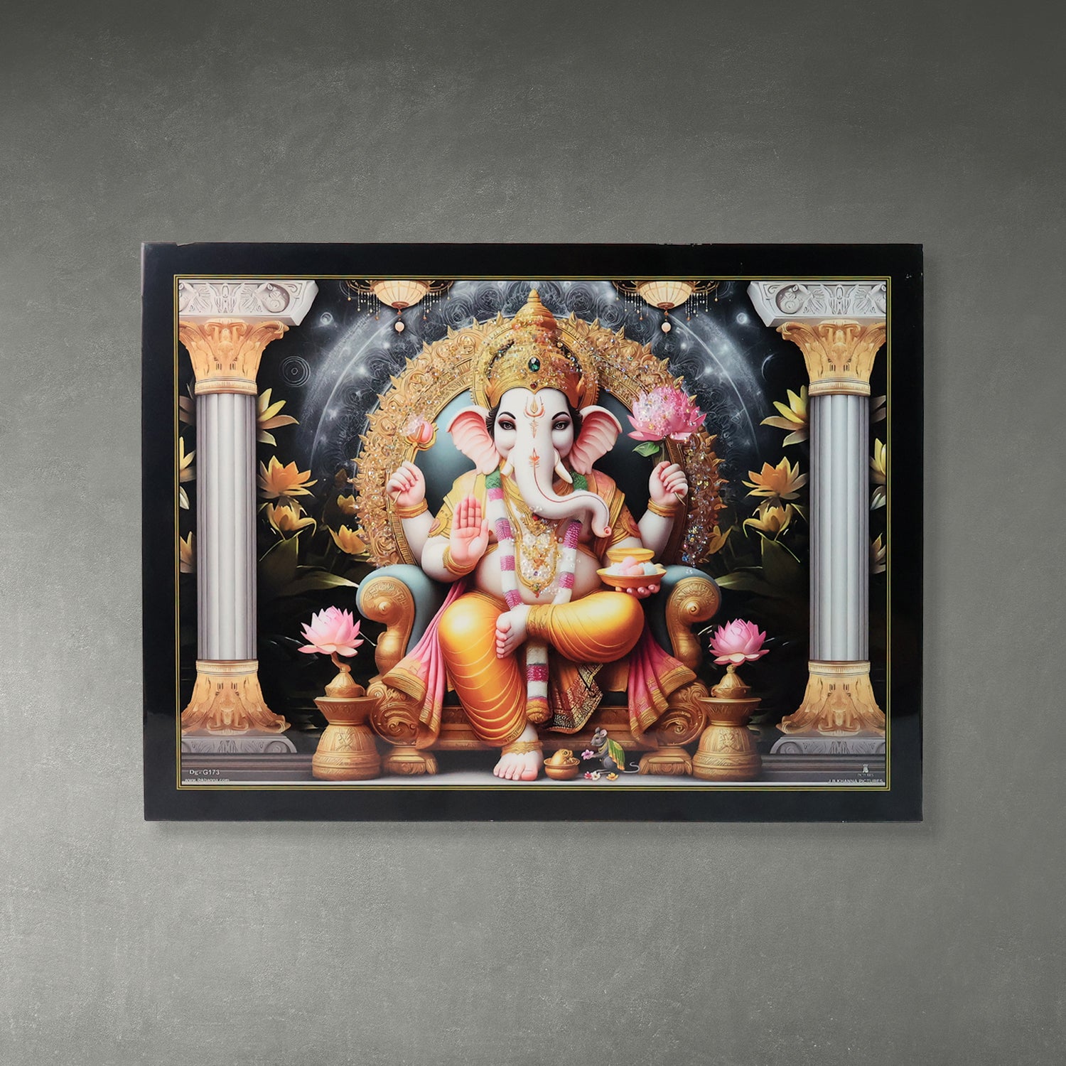 Divine Lord Ganesha wall painting with wooden frame, mix design, 60x45 cm, home decor by Wukusy.