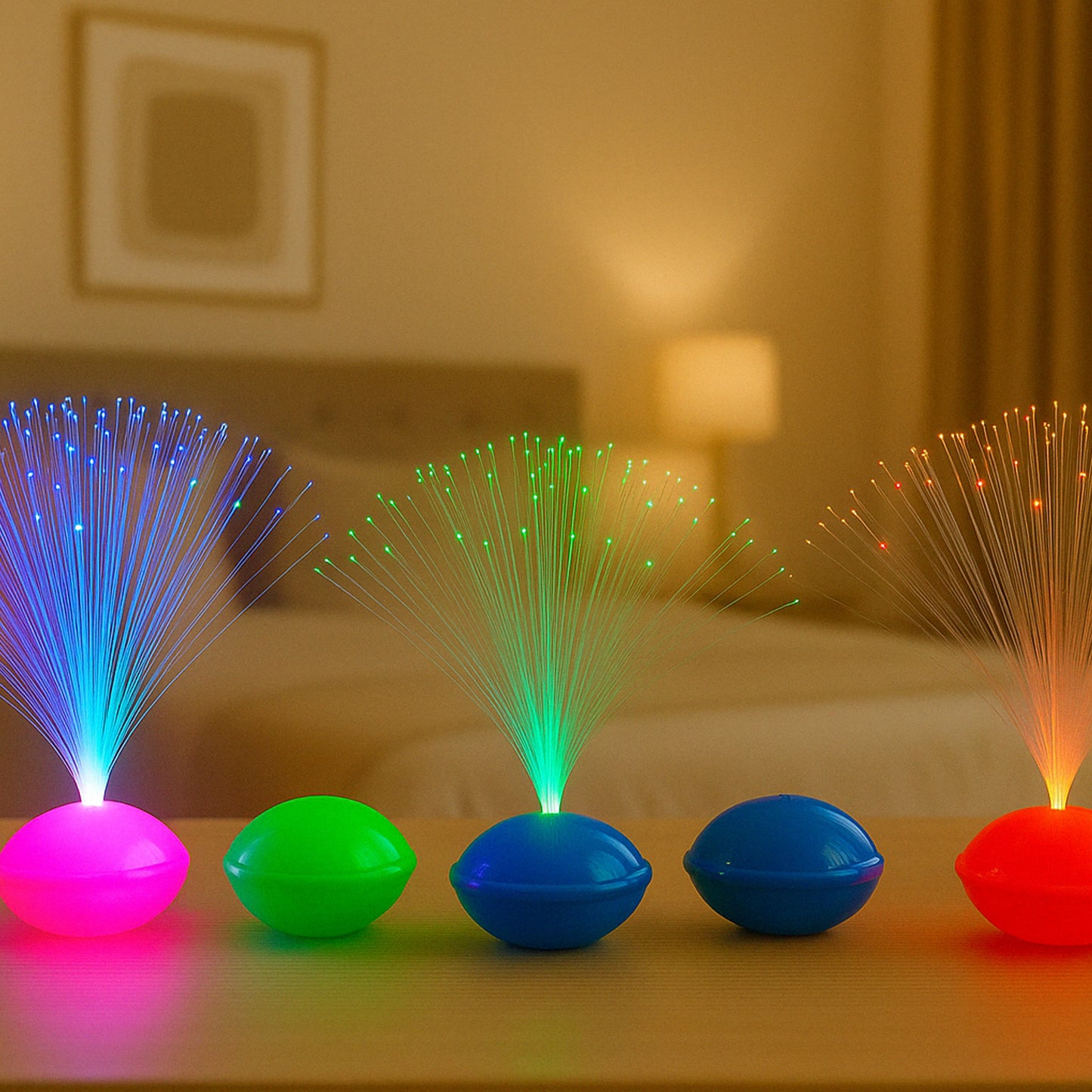 Set of 12 Wukusy fiber optic LED night lamps for home decor, featuring colorful glowing lights and modern design.