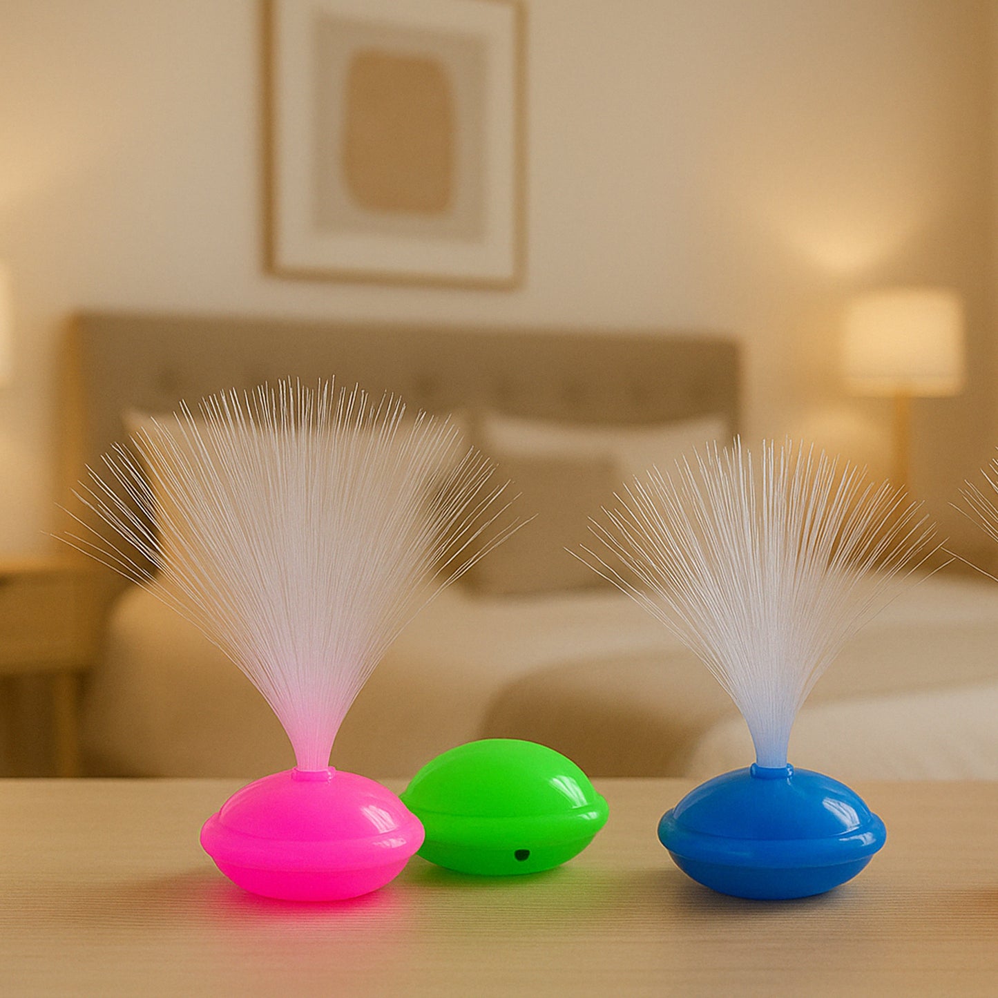 Set of 12 Wukusy fiber optic LED night lamps for home decor, featuring colorful light displays and modern design.