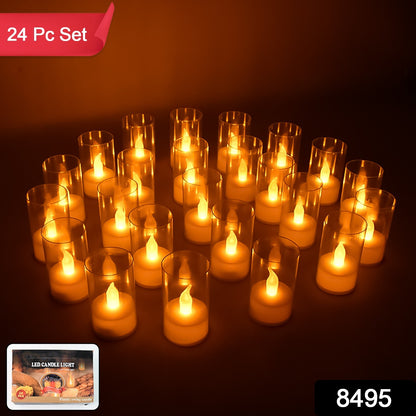 Set of 24 Wukusy flameless LED candles with transparent plastic covers for home decor, creating a warm, realistic candlelight effect.