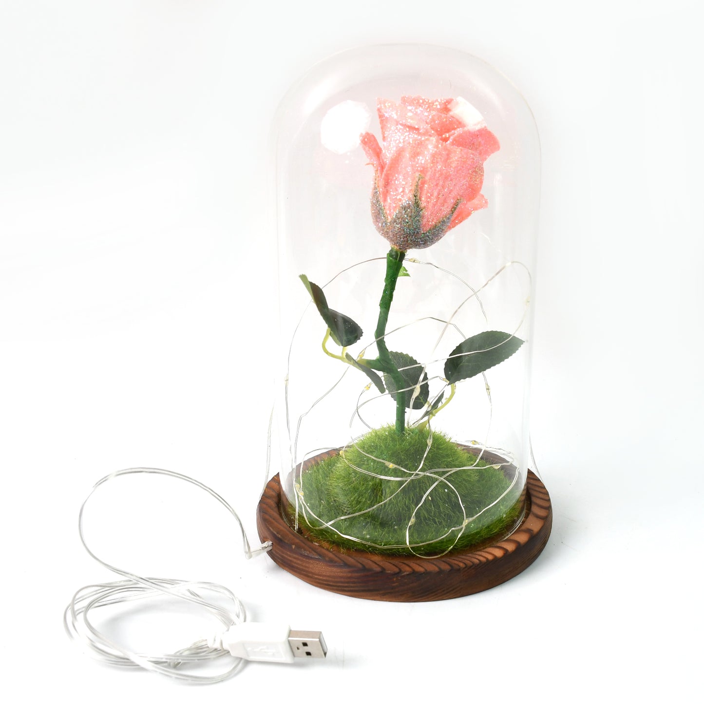 Glass flower with LED light from Wukusy home decor set, featuring delicate glass petals illuminated for decorative display.