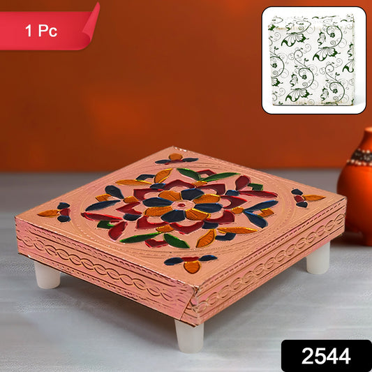 Multicolour Meenakari wooden Chowki Puja Bajot for home and office decor, handcrafted by Wukusy, ideal for puja settings.