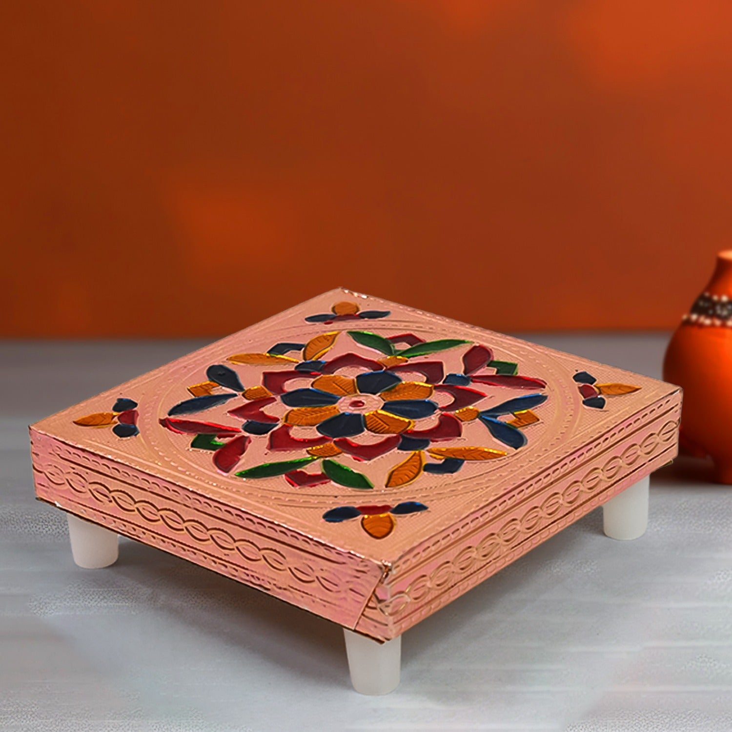 Colorful Meenakari wooden chowki puja bajot for home and office decor, handcrafted by Wukusy, perfect for puja and spiritual setups.