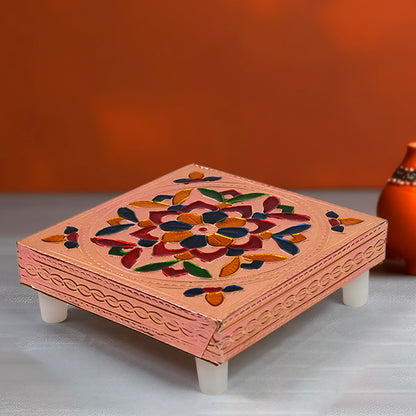 Colorful Meenakari wooden chowki puja bajot for home and office decor, handcrafted by Wukusy, perfect for puja and spiritual setups.