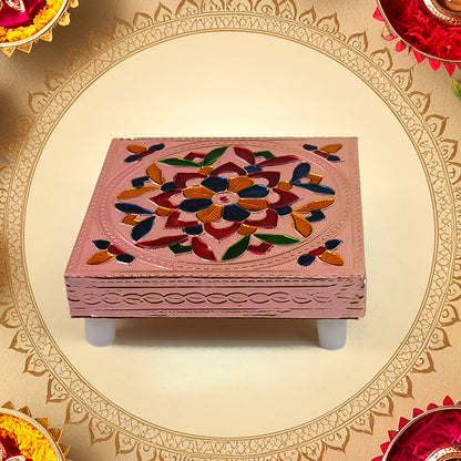 Colorful Meenakari wooden Chowki Puja Bajot for home and office decor, crafted by Wukusy, ideal for puja and traditional settings.
