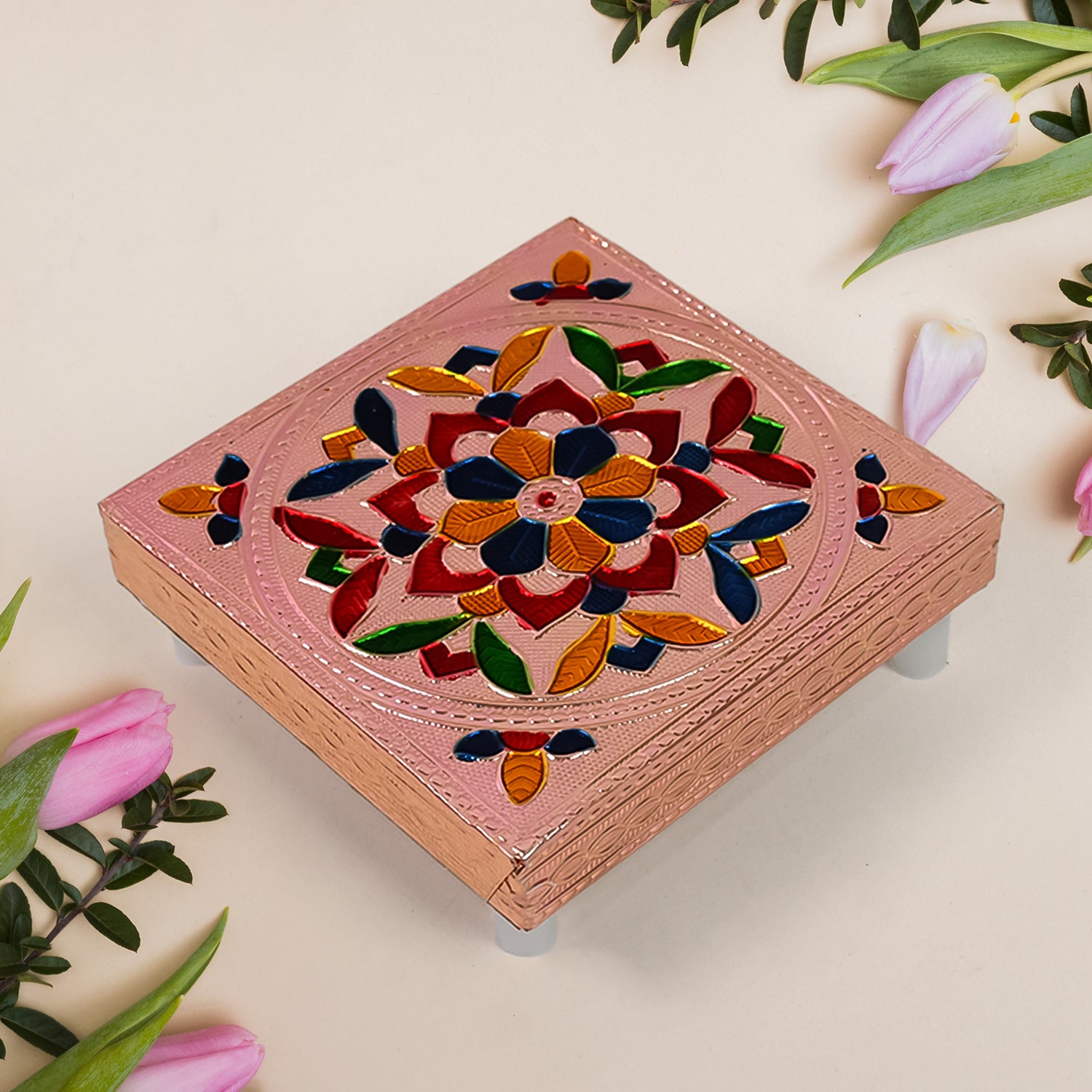 Colorful Meenakari wooden chowki for puja and home decor, handcrafted by Wukusy, ideal for office or temple puja setups.
