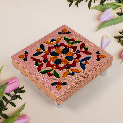 Colorful Meenakari wooden chowki for puja and home decor, handcrafted by Wukusy, ideal for office or temple puja setups.