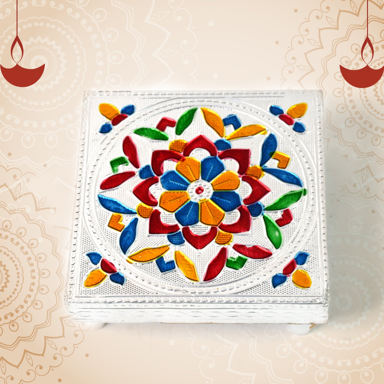 Colorful Meenakari wooden Chowki Puja Bajot for home and office decor, handcrafted by Wukusy, ideal for puja and spiritual spaces.