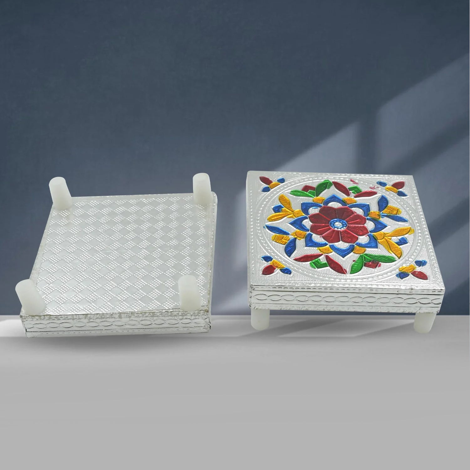 Colorful Meenakari wooden Chowki Puja Bajot for home or office decor, featuring intricate craftsmanship in a decorative 1-piece set.