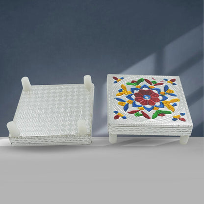 Colorful Meenakari wooden Chowki Puja Bajot for home or office decor, featuring intricate craftsmanship in a decorative 1-piece set.