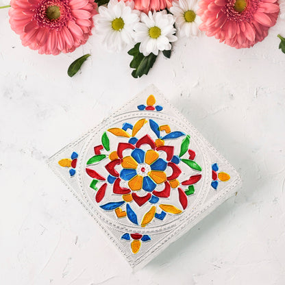 Colorful Meenakari wooden Chowki Puja Bajot for home and office decor, featuring intricate craftsmanship by Wukusy.