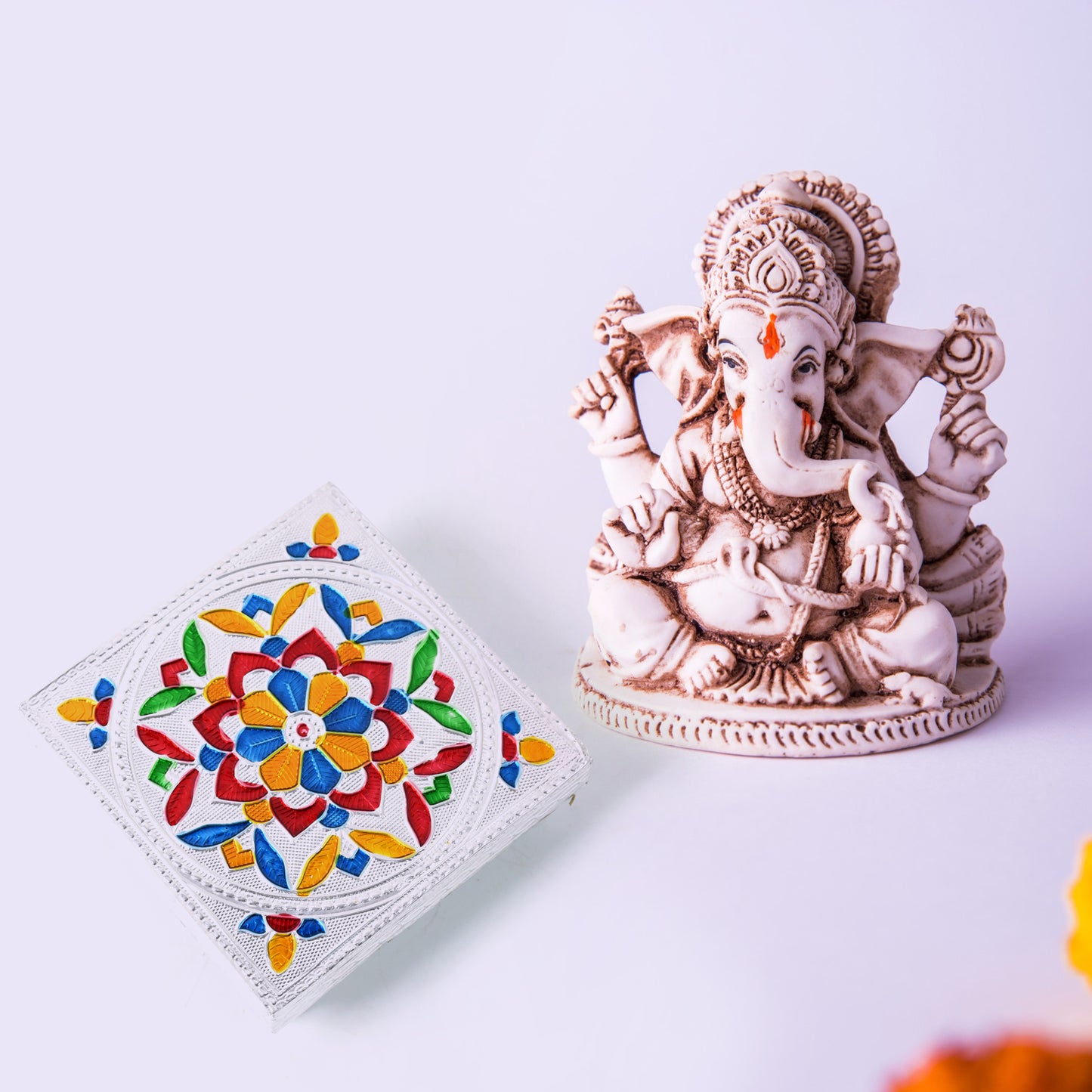 Colorful Meenakari wooden Chowki Puja Bajot for home and office decor, handcrafted by Wukusy, perfect for puja and festive occasions.