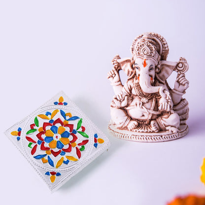Colorful Meenakari wooden Chowki Puja Bajot for home and office decor, handcrafted by Wukusy, perfect for puja and festive occasions.