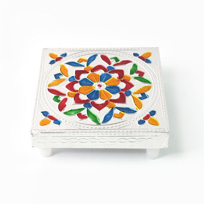 Colorful Meenakari wooden Chowki Puja Bajot by Wukusy, used as home or office decor for puja ceremonies, multicolour design.