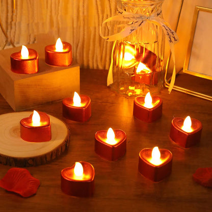 Set of 12 heart-shaped LED tea light candles in mixed colors by Wukusy, perfect for cozy home decor and ambient lighting.