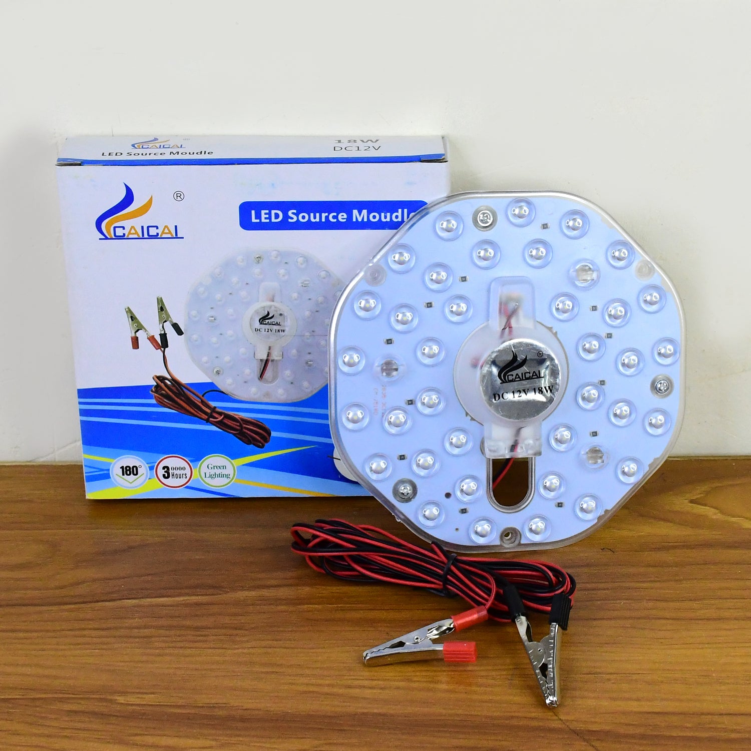 Wukusy high-brightness 12V 18W round LED light module with clip wires, ideal for home decor lighting applications.