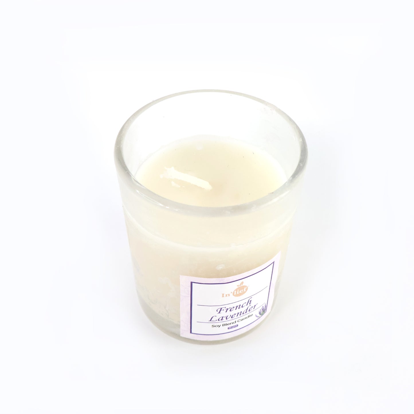 Wukusy Inlief French Lavender soy blend scented candle in glass jar, 50g, showcasing a calming home decor accessory.