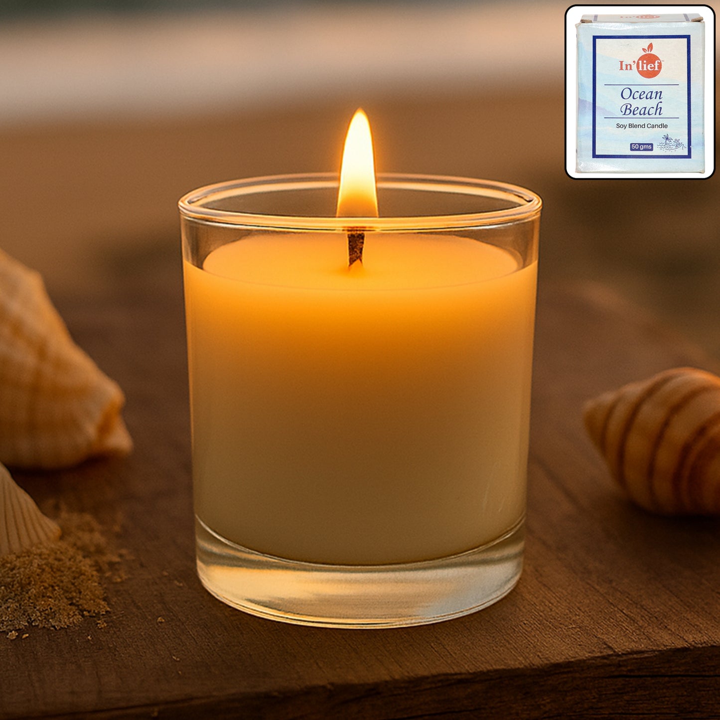 Wukusy Inlief scented votive jar candle, 50g, home decor with a glass jar and lit wick, emitting a warm, inviting glow