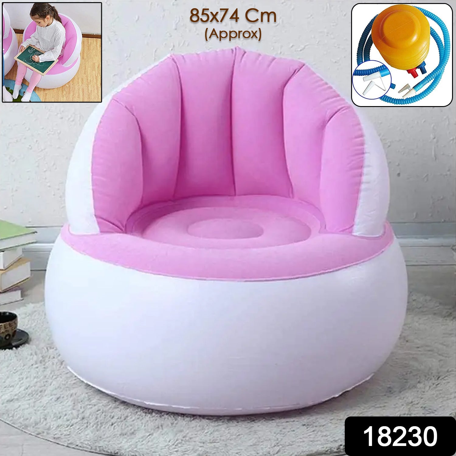 Wukusy kids inflatable sofa chair with backrest, foot air pump and hose, measuring about 85x74 cm, suitable for home decor.