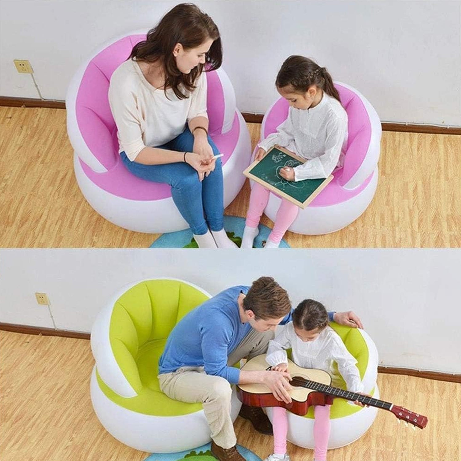 Kids inflatable sofa chair with backrest, foot air pump and hose, shown in vibrant colors, designed for home decor and comfort.