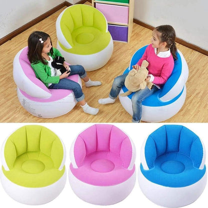 Kids inflatable sofa chair with backrest from Wukusy, includes foot air pump and hose, measures approximately 85x74 cm.