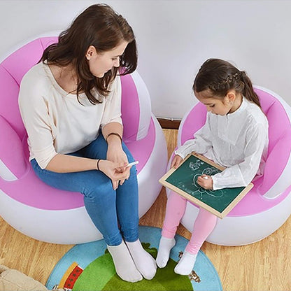 Kids inflatable sofa chair with backrest, air pump, and hose, shown fully inflated in a home decor setting by Wukusy.