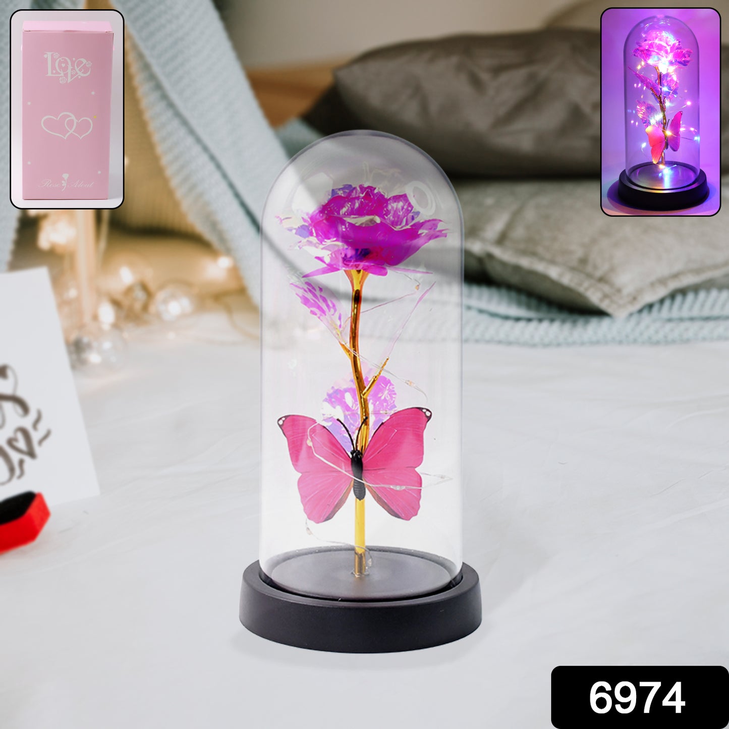 Wukusy LED decorative rose with butterfly inside transparent plastic dome, home decor piece, battery not included.