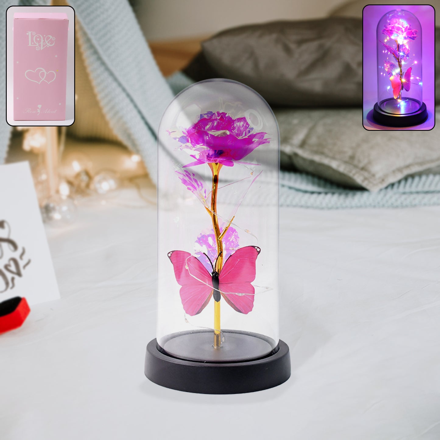 LED decorative rose with butterfly in clear plastic dome, Wukusy home decor piece, battery not included, elegant and charming display.