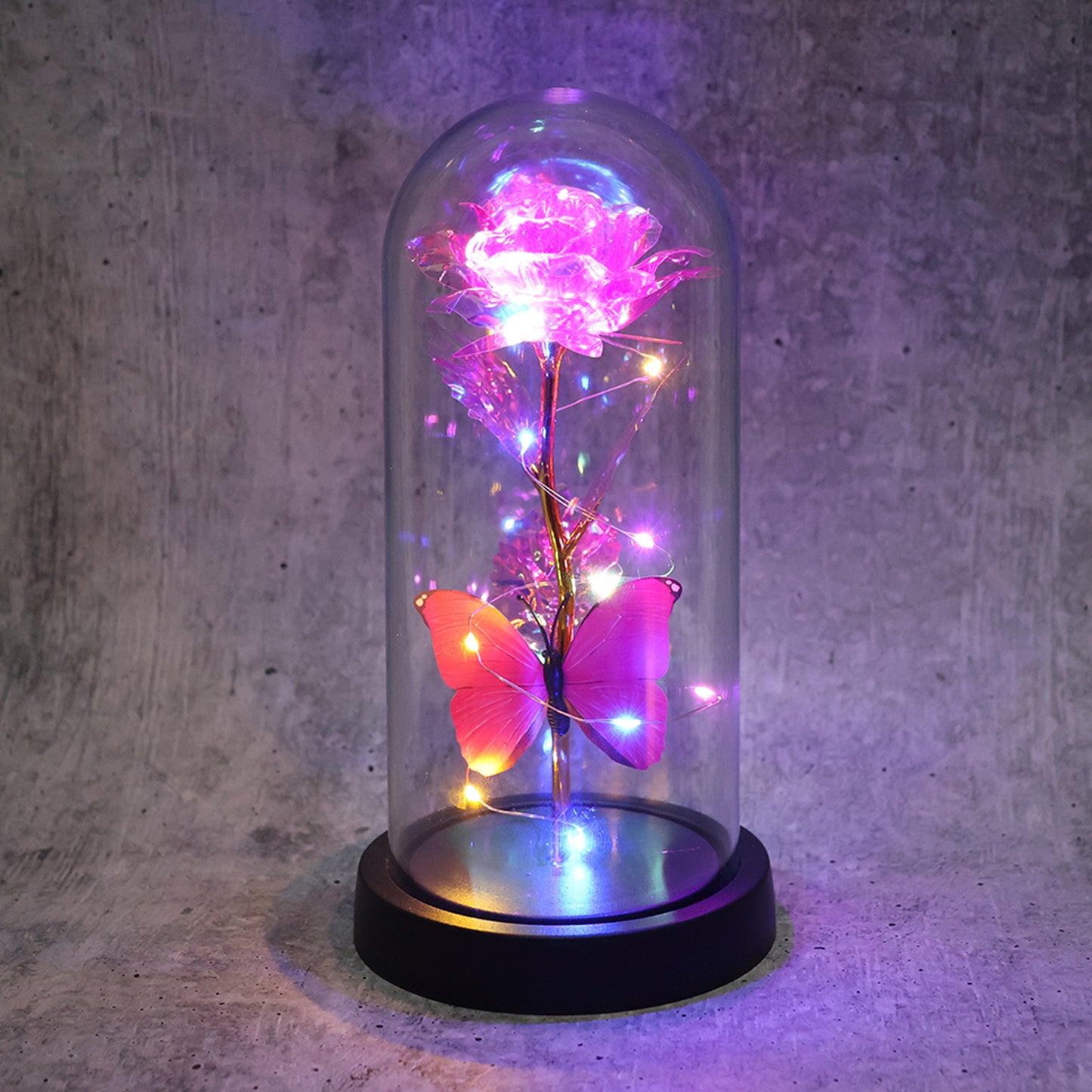 Wukusy LED decorative rose with butterfly inside transparent plastic dome, perfect for home decor, battery not included