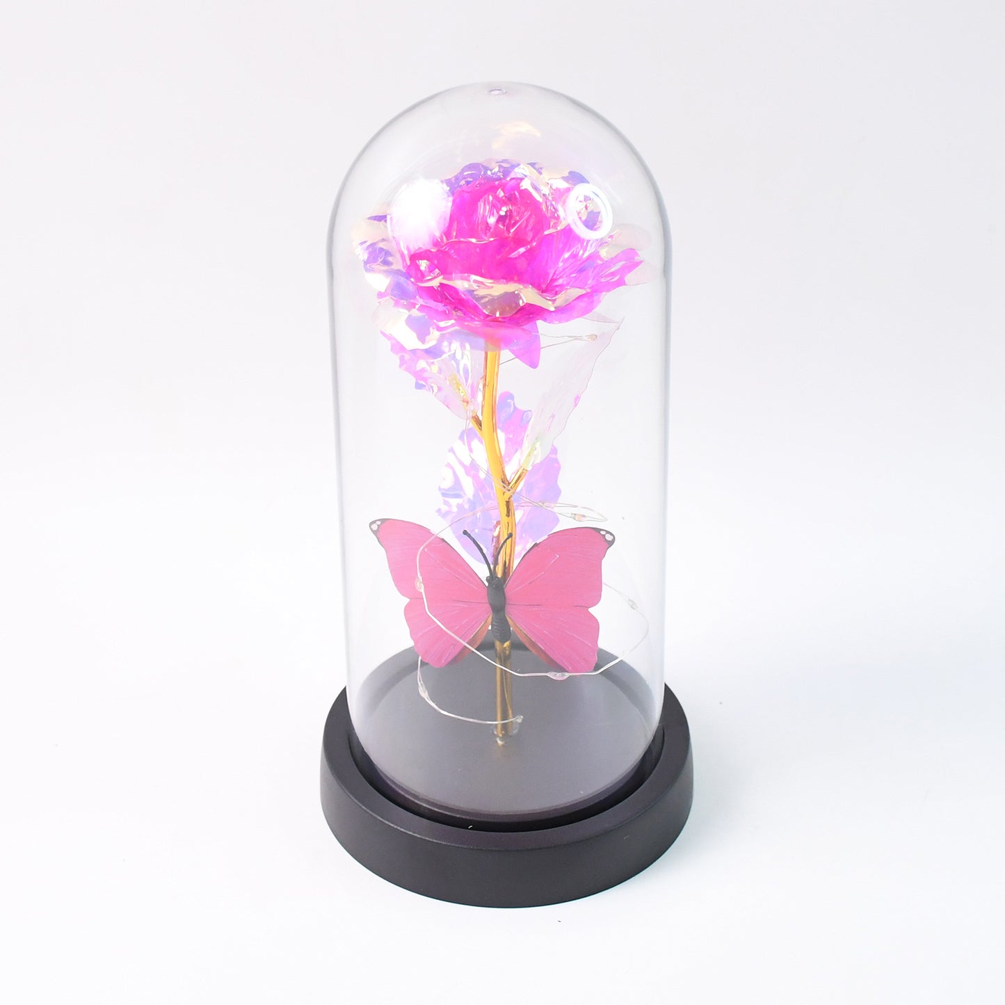 Wukusy LED decorative rose with butterfly inside a transparent plastic dome, home decor piece, battery not included.