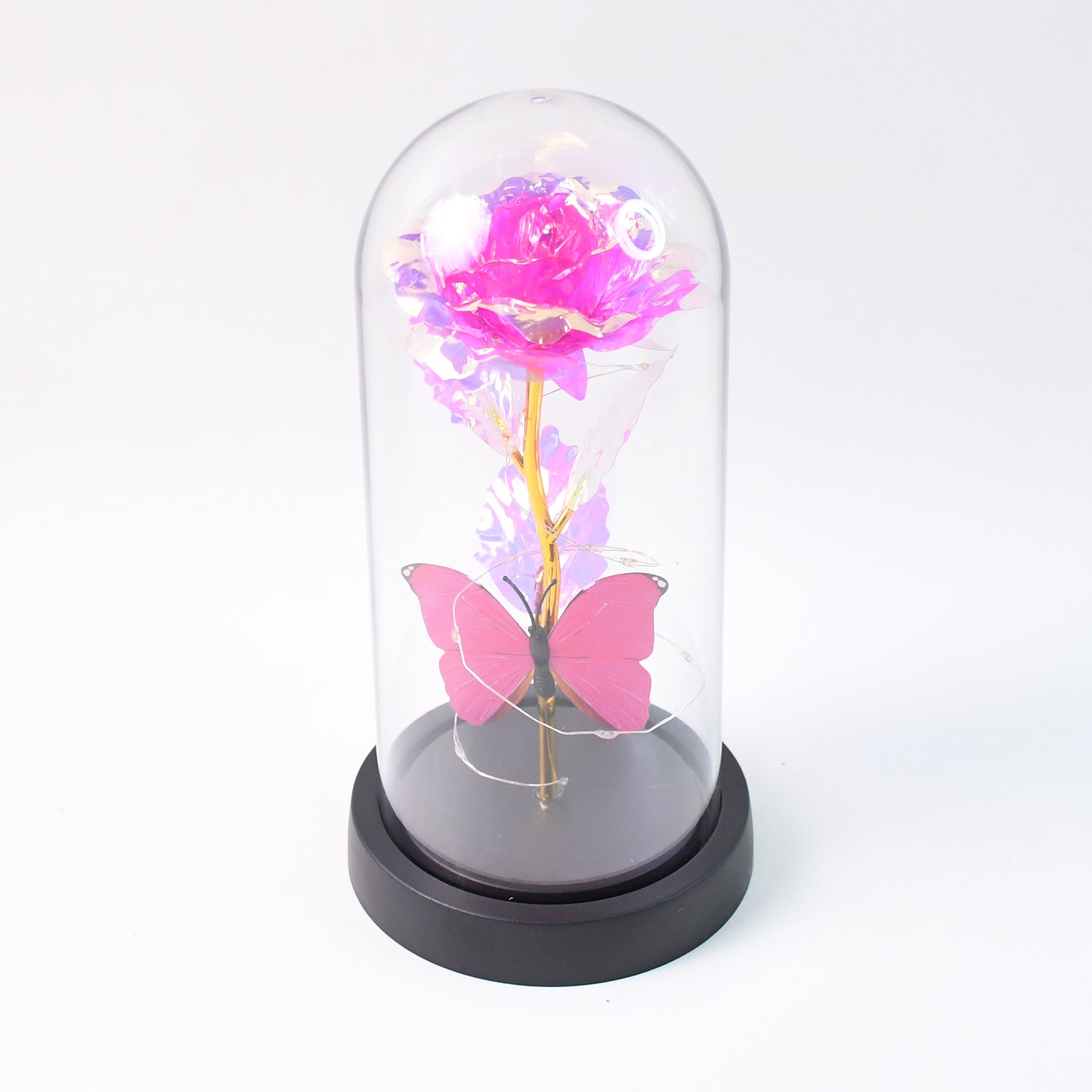 Wukusy LED decorative rose with butterfly inside a transparent plastic dome, home decor piece, battery not included.