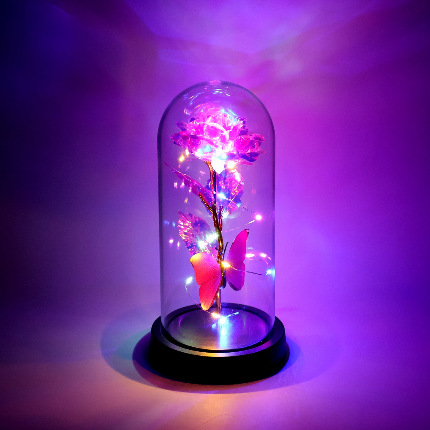 Wukusy LED decorative rose with butterfly inside a transparent plastic dome, perfect for home decor, battery not included.