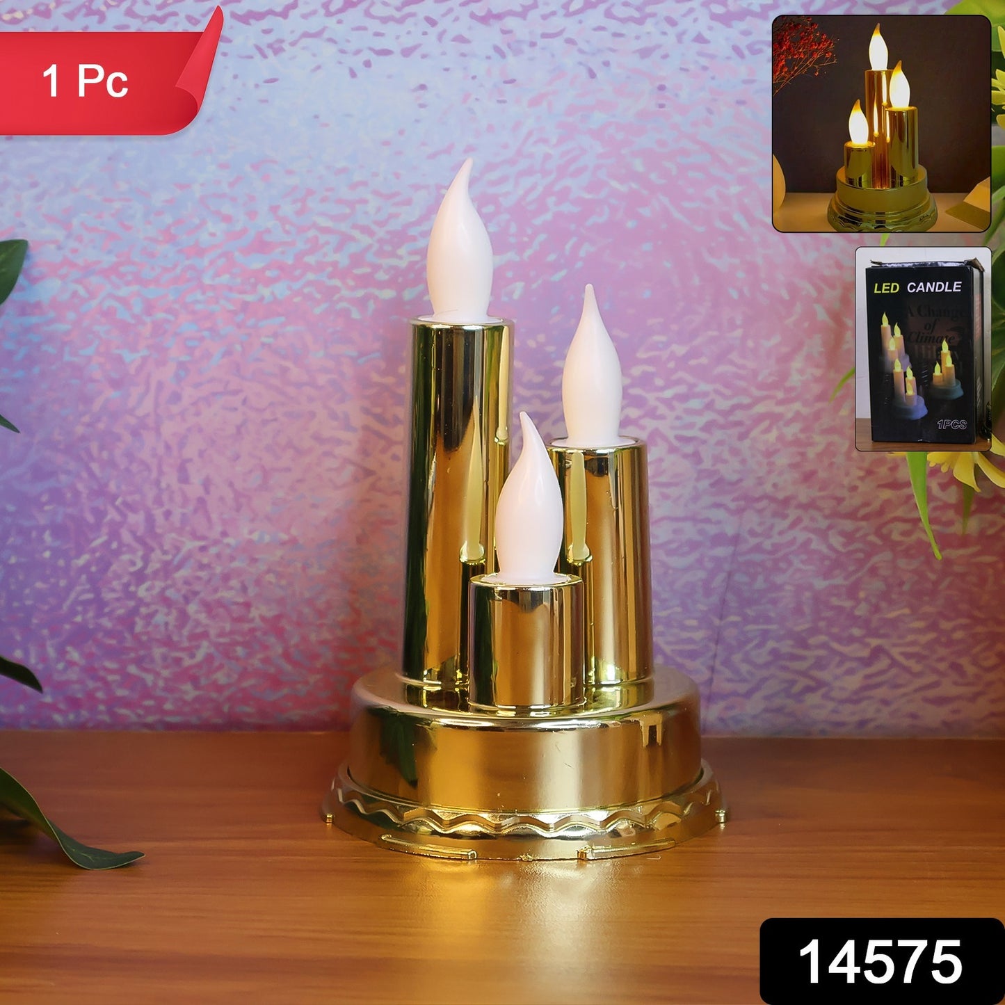Wukusy LED flameless candle lamp with triple candle design, home decor, warm glow, realistic flickering, on a decorative surface